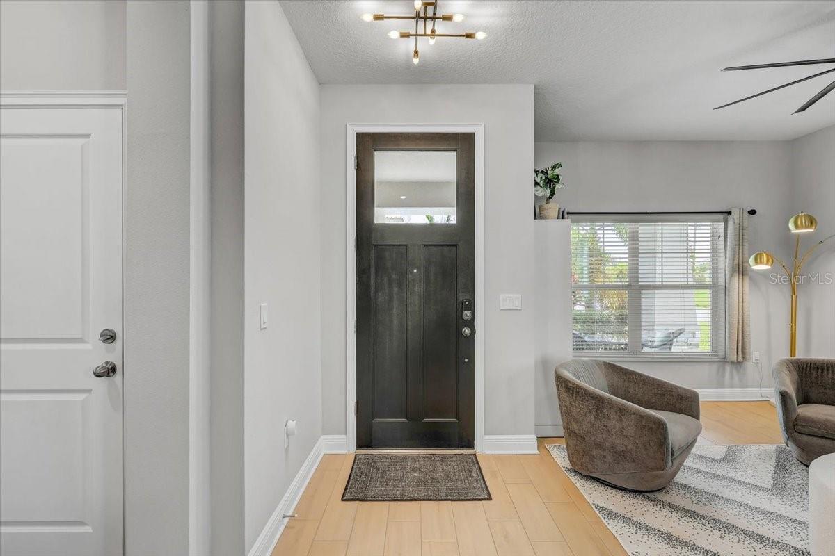 Entryway with a dark paneled front door, light wood floors, and a window beside the living area.