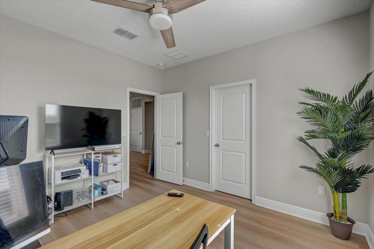 Home office with a ceiling fan, television, wood-look floors, and a potted palm.