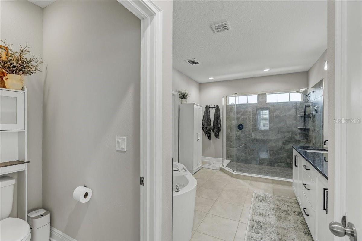 Bathroom with a glass-enclosed gray-tiled walk-in shower, white vanity, and soaking tub.