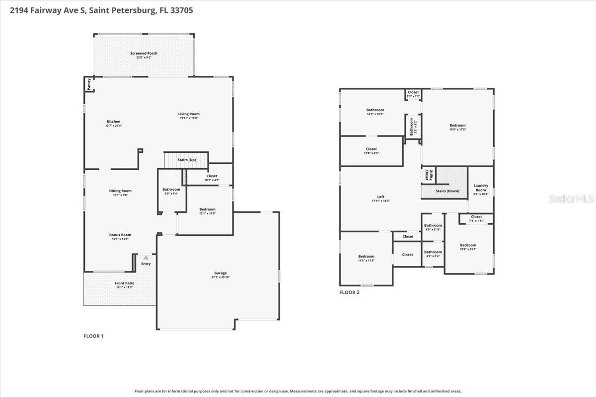 Two-story floor plan with a screened porch, garage, bonus room, loft, and multiple bedrooms.