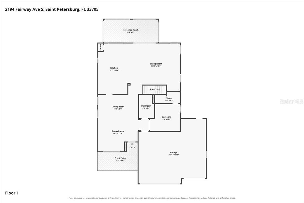 First-floor plan with one bedroom, a garage, screened porch, and front patio.