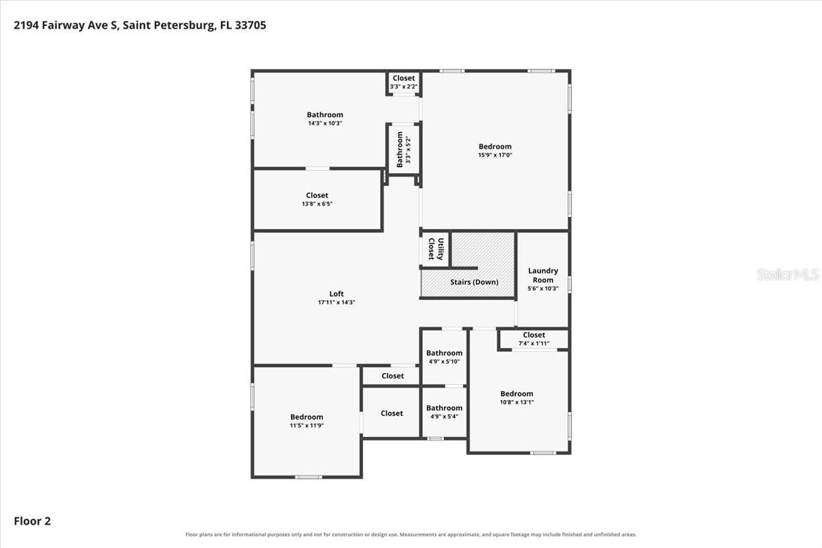 Second-floor plan showing three bedrooms, three bathrooms, a loft, laundry room, and closets.
