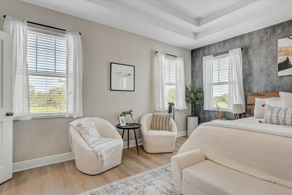 Bedroom with a gray textured accent wall, tray ceiling, and two upholstered sitting chairs.