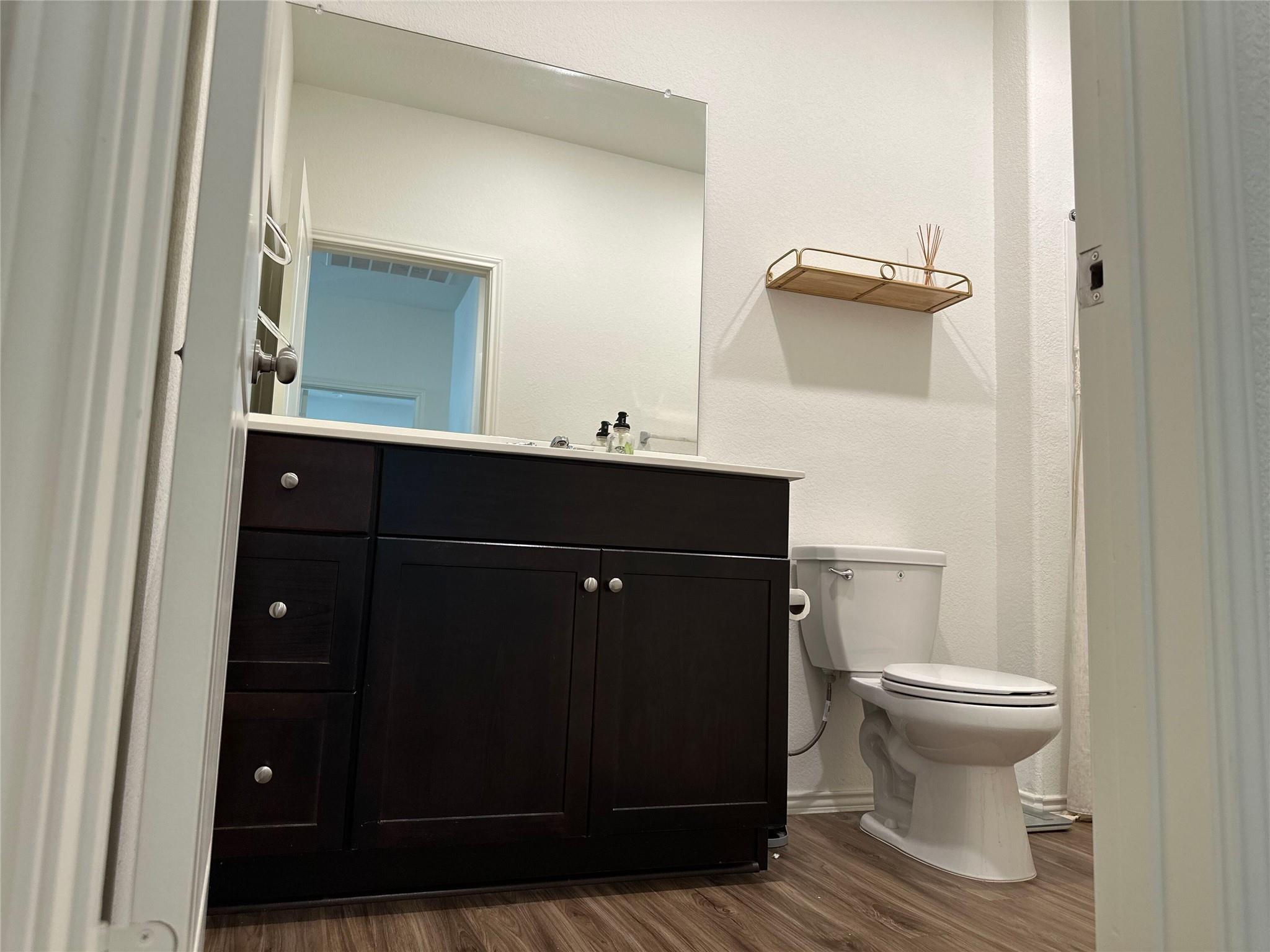 Bathroom with a dark wood vanity, large mirror, white toilet, and wood-look flooring.