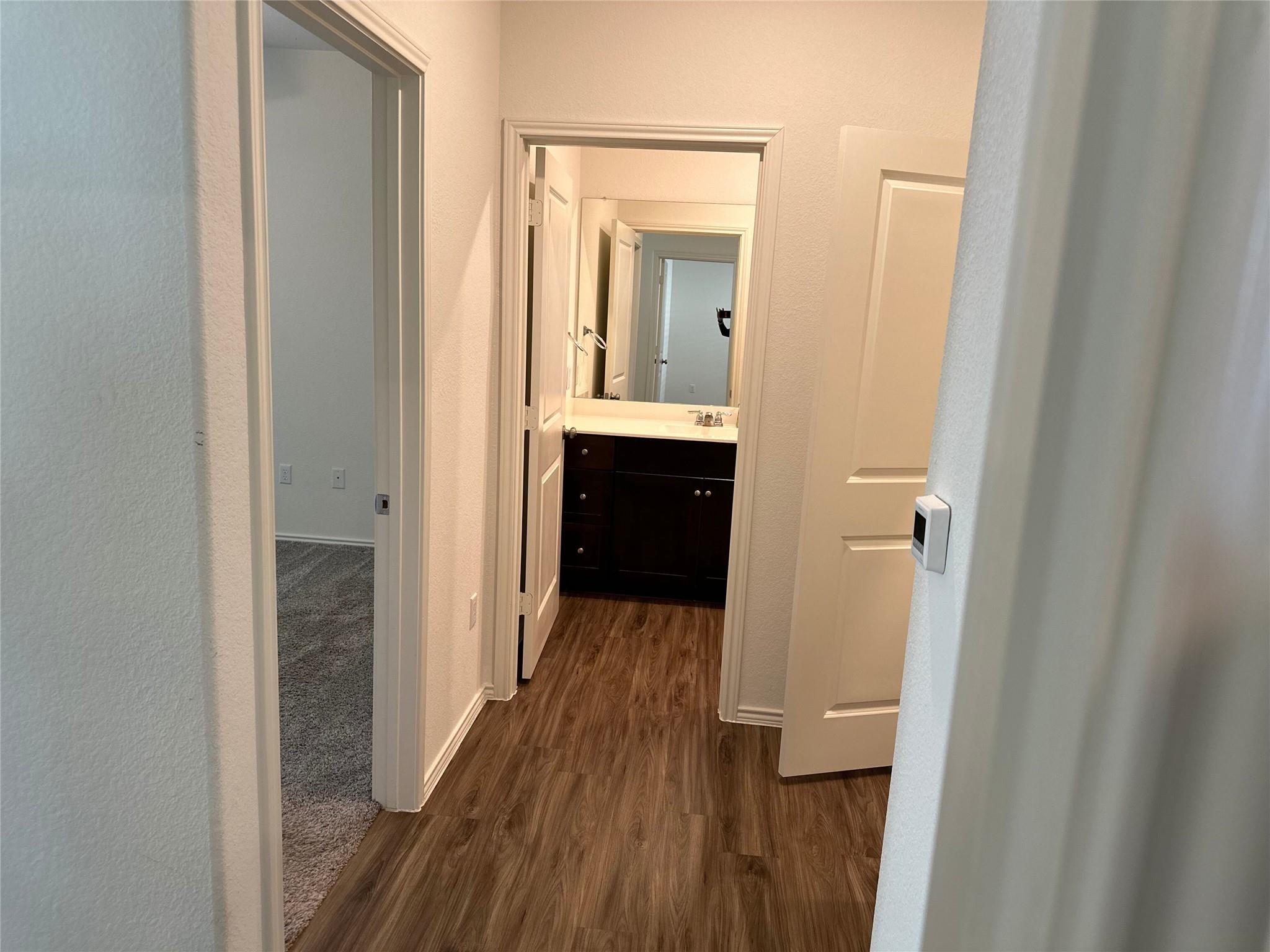 Hallway with wood-look flooring leads to a bathroom vanity; a carpeted room is visible through an open doorway.