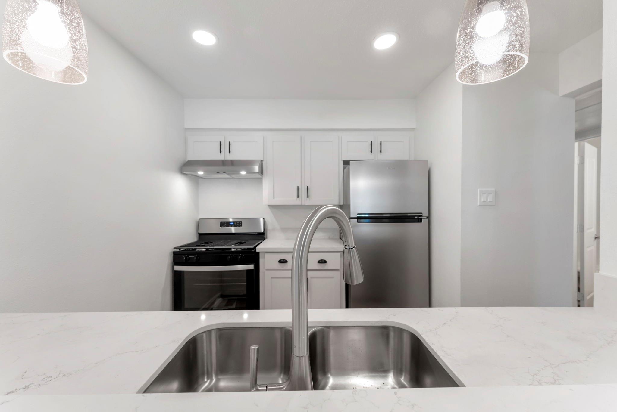 Modern kitchen with a double-basin sink in the foreground and stainless steel appliances.