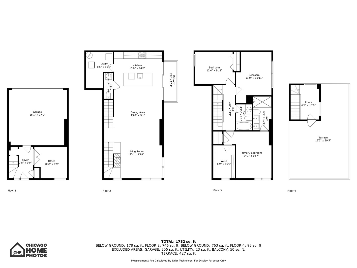 Four-level floor plan with garage, living areas, bedrooms, and a rooftop terrace.