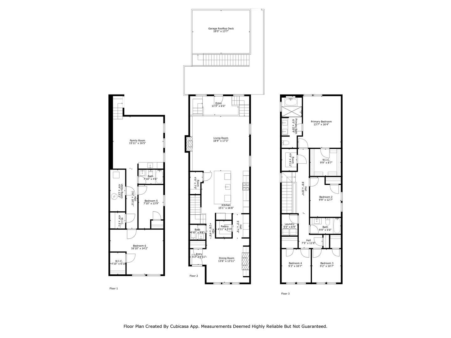 Three-level home floor plan showing room layouts, dimensions, and a garage rooftop deck.