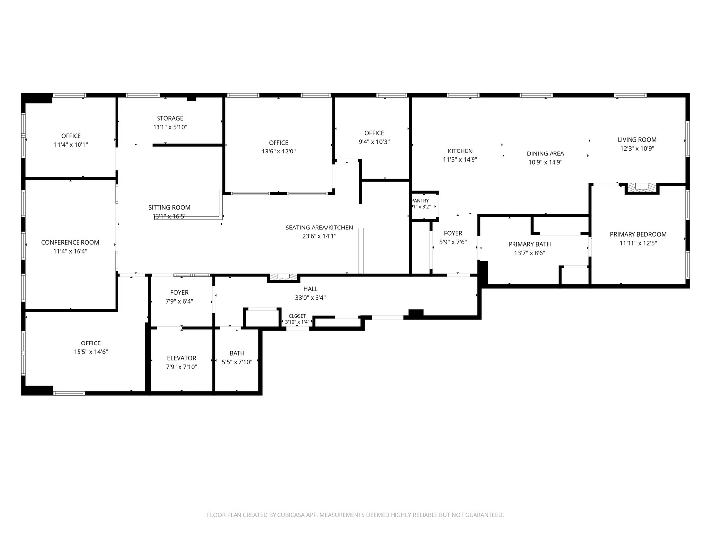 Floor plan showing offices, conference room, kitchen, living and dining areas, primary bedroom, and room dimensions.