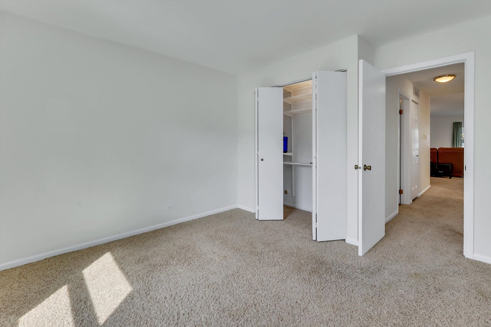 Vacant carpeted bedroom with an open shelved closet and sunlight across the floor.