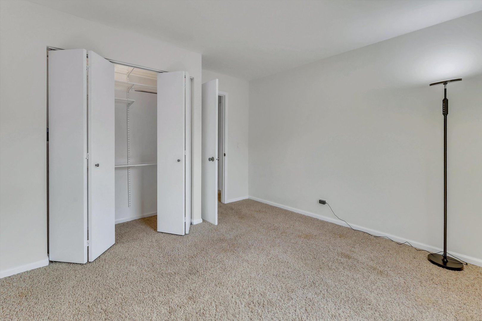 Carpeted room with an open, wire-shelved closet and a floor lamp.