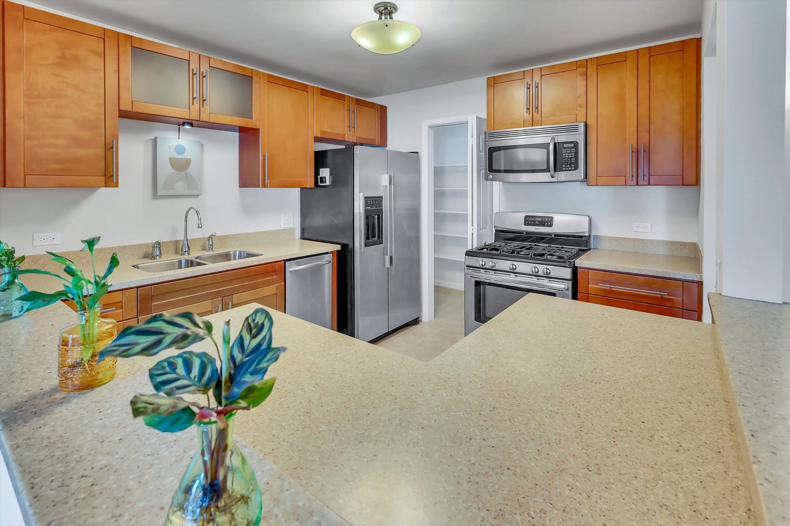 Kitchen with warm wood cabinets, stainless steel appliances, and a broad speckled countertop.