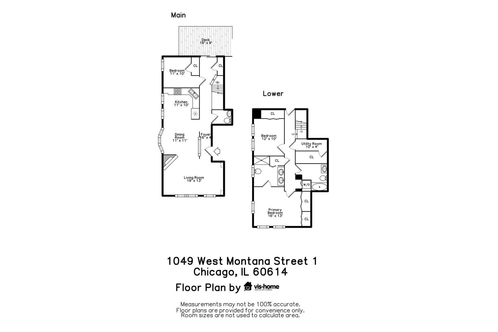 Floor plan showing the main and lower levels of 1049 West Montana Street Unit 1.