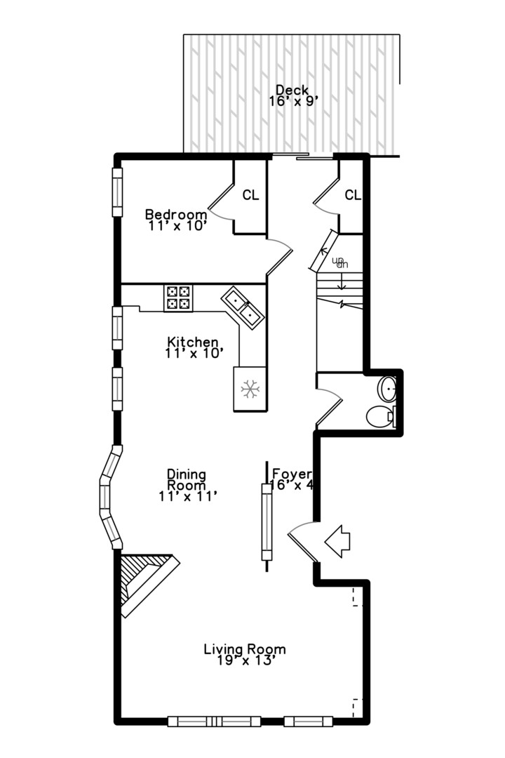 Floor plan showing a one-bedroom layout with a deck, kitchen, dining room, and living room.