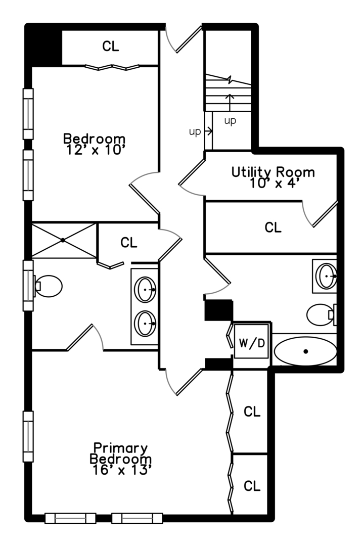 Floor plan showing two bedrooms, bathrooms, closets, stairs, and a utility room with washer and dryer.