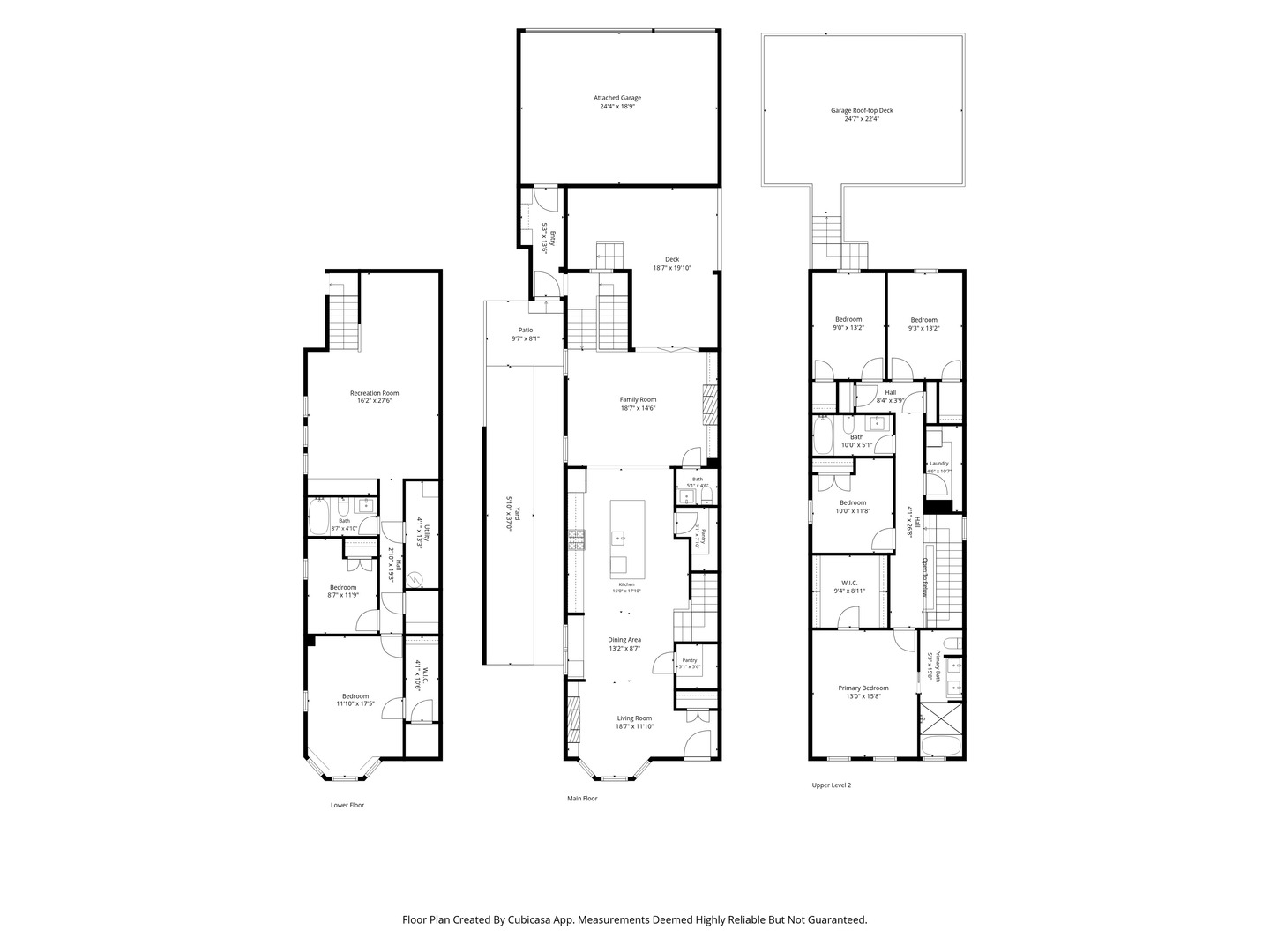 Three-level home floor plan with labeled rooms, an attached garage, patio, deck, and rooftop deck.
