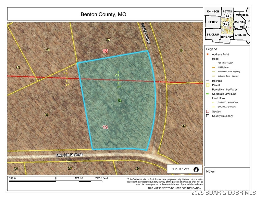 Map highlighting parcel 12 along Malcolm Road in Benton County, Missouri.