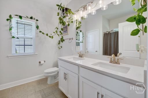 Bathroom with a double-sink vanity, large mirror, window, and trailing plants.