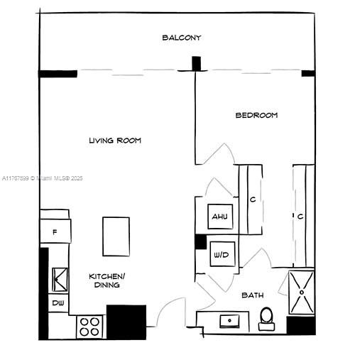 One-bedroom apartment floor plan with a balcony, open living area, kitchen and dining space, and bathroom.