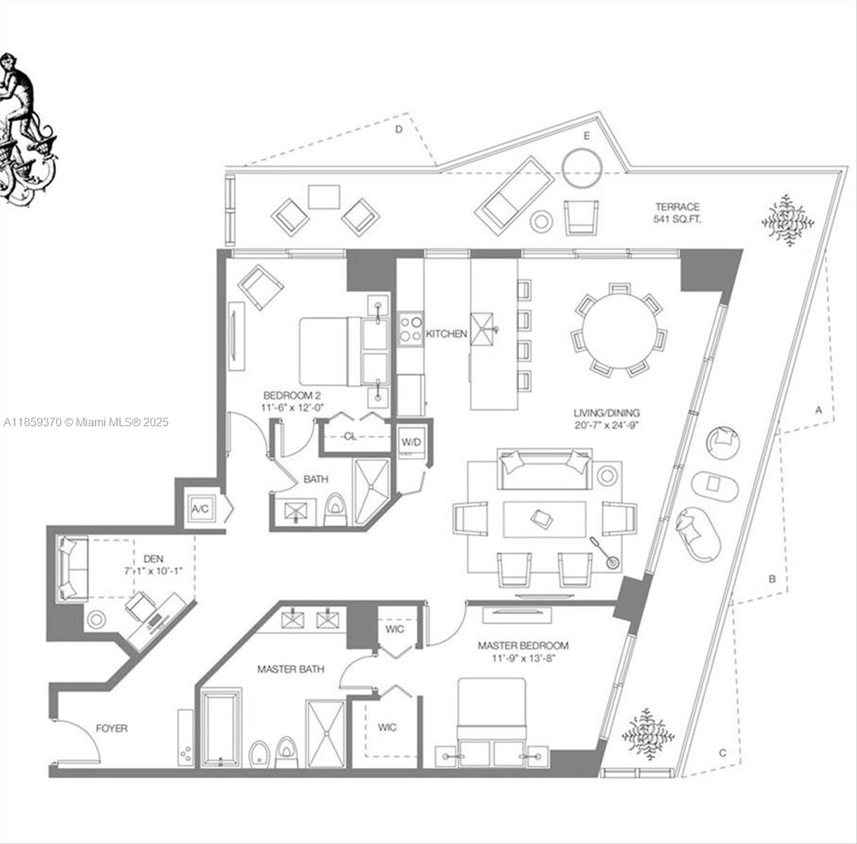 Apartment floor plan with two bedrooms, a den, open living and dining area, and large terrace.