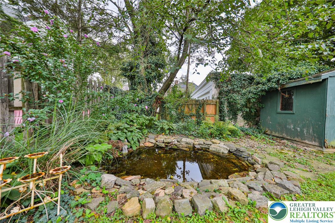 Backyard garden pond edged with stones beneath mature trees, with flowering plants and a green shed.