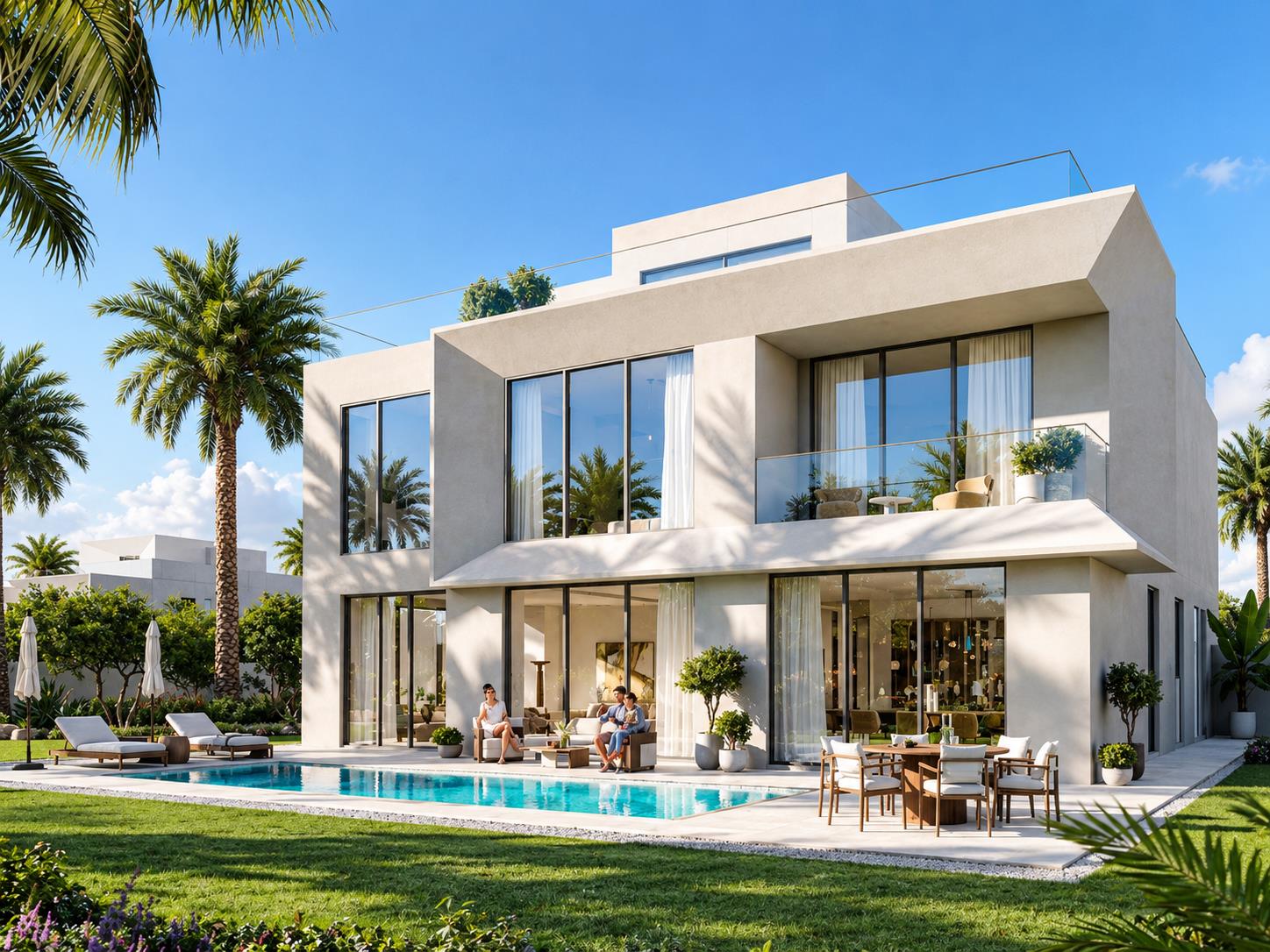 Modern white home with a swimming pool, palm trees, and furnished patio.