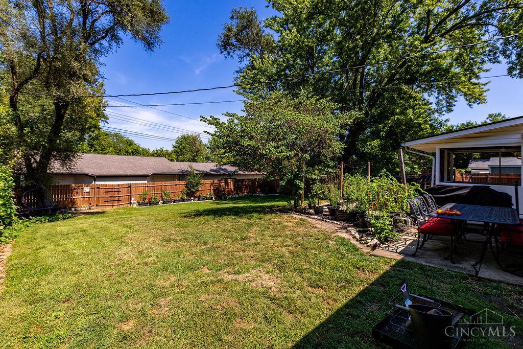 Backyard with a broad lawn, fenced garden beds, mature trees, and covered patio dining area.