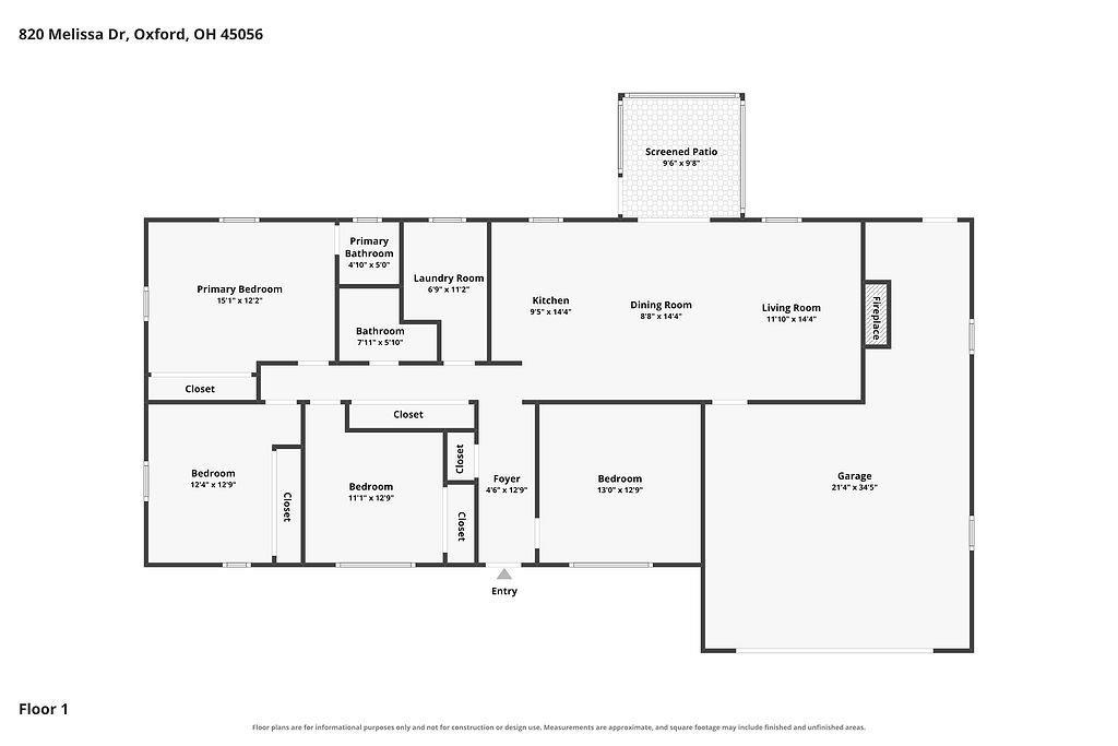 Floor plan showing four bedrooms, a screened patio, fireplace, and attached garage.