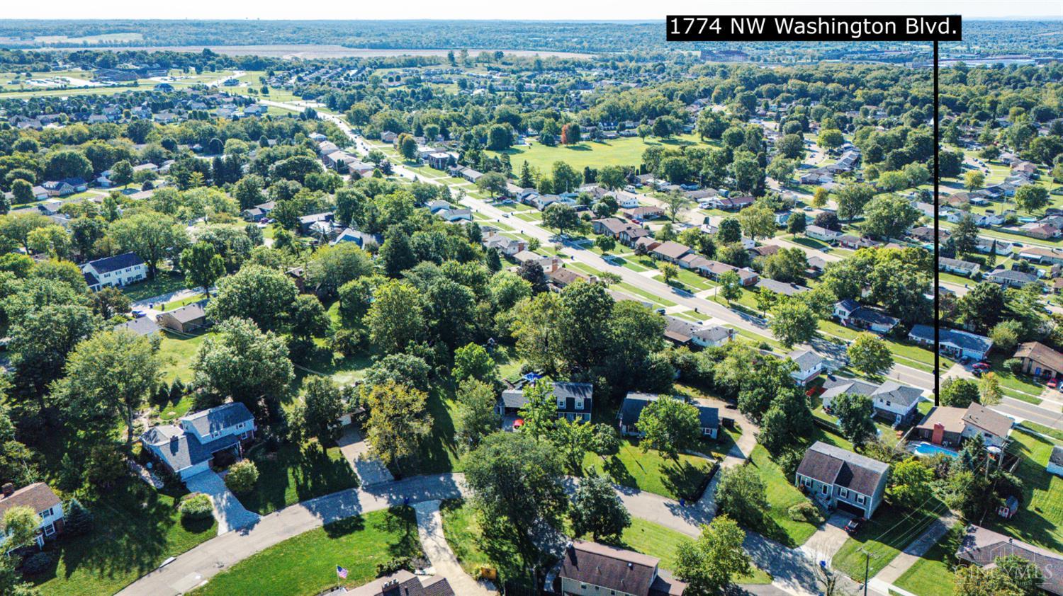 Aerial view of the neighborhood around 1774 NW Washington Boulevard, marked with a label.