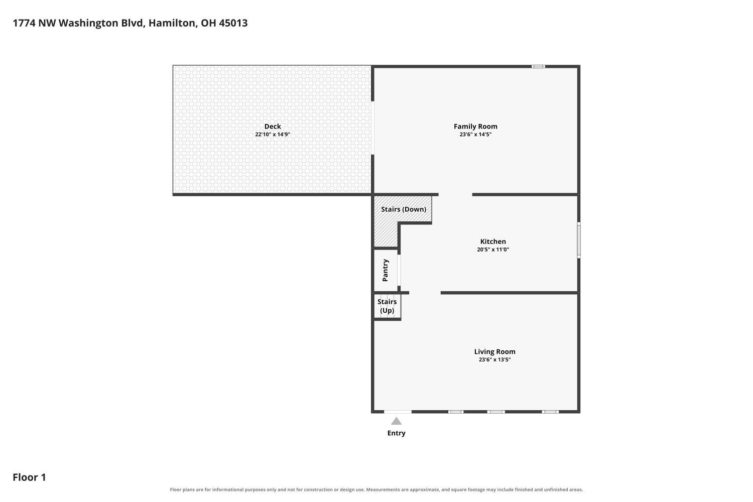 First-floor plan showing a deck, family room, kitchen, pantry, living room, stairs, and entry.