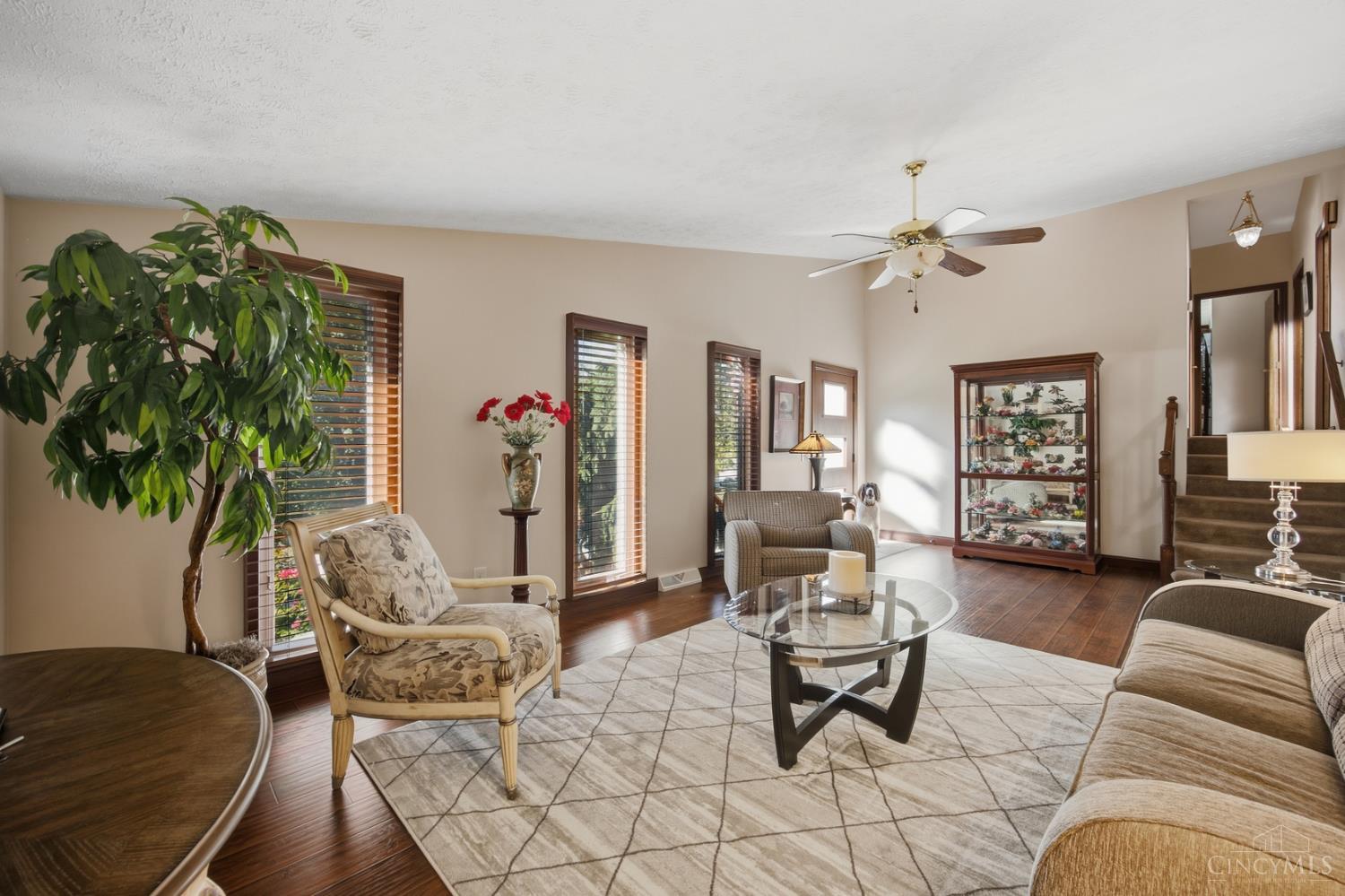 Furnished living room with hardwood floors, a geometric rug, and a glass coffee table.
