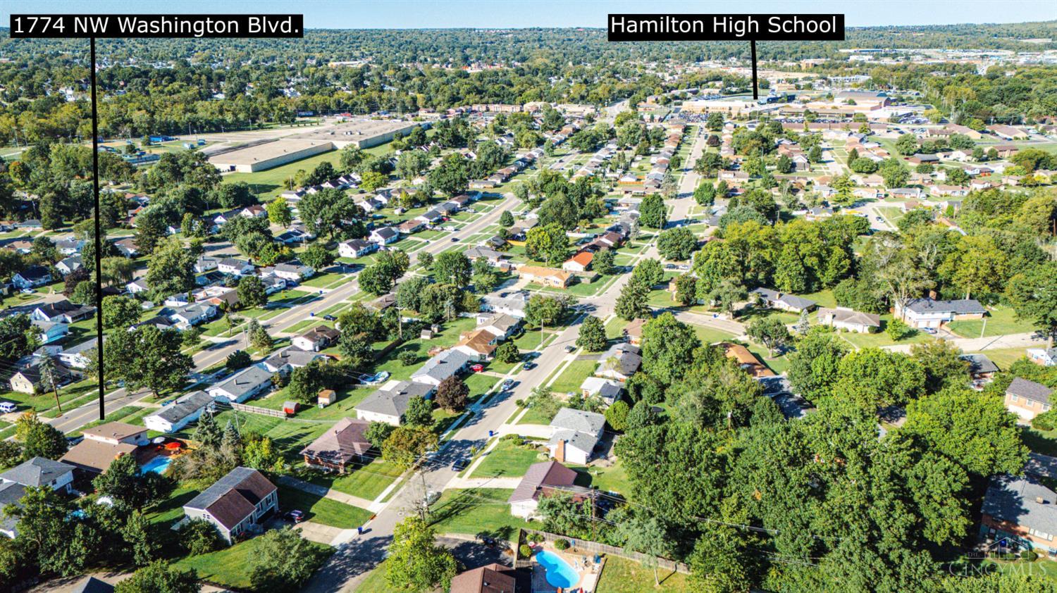 Aerial neighborhood view marking 1774 NW Washington Boulevard and Hamilton High School.
