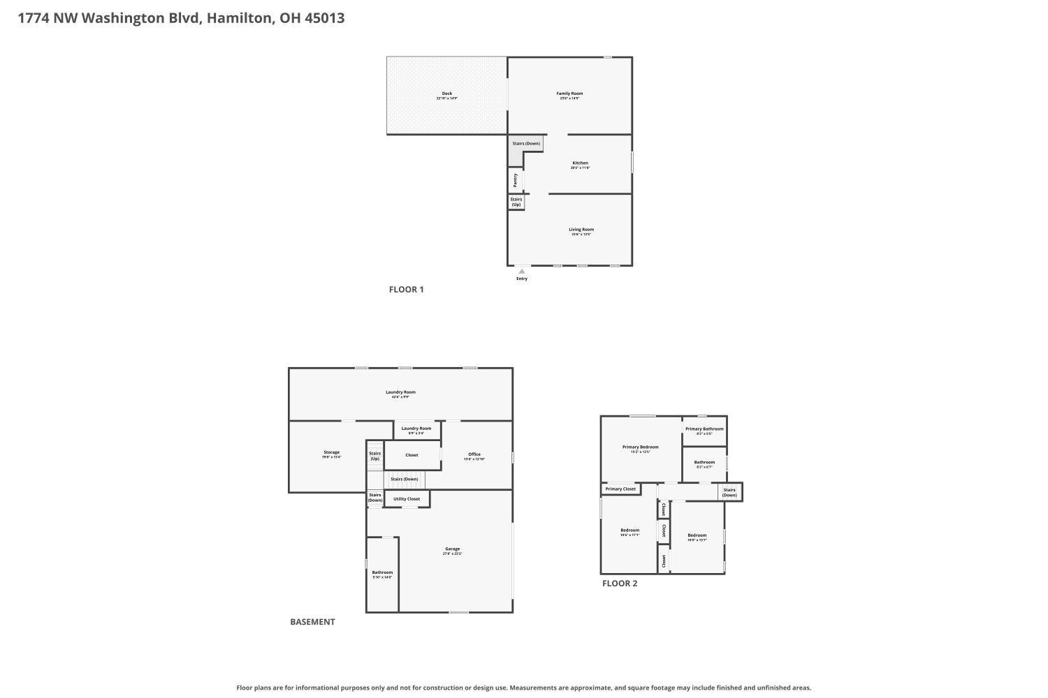 Three-level home floor plan showing the first floor, second floor, and basement layouts.