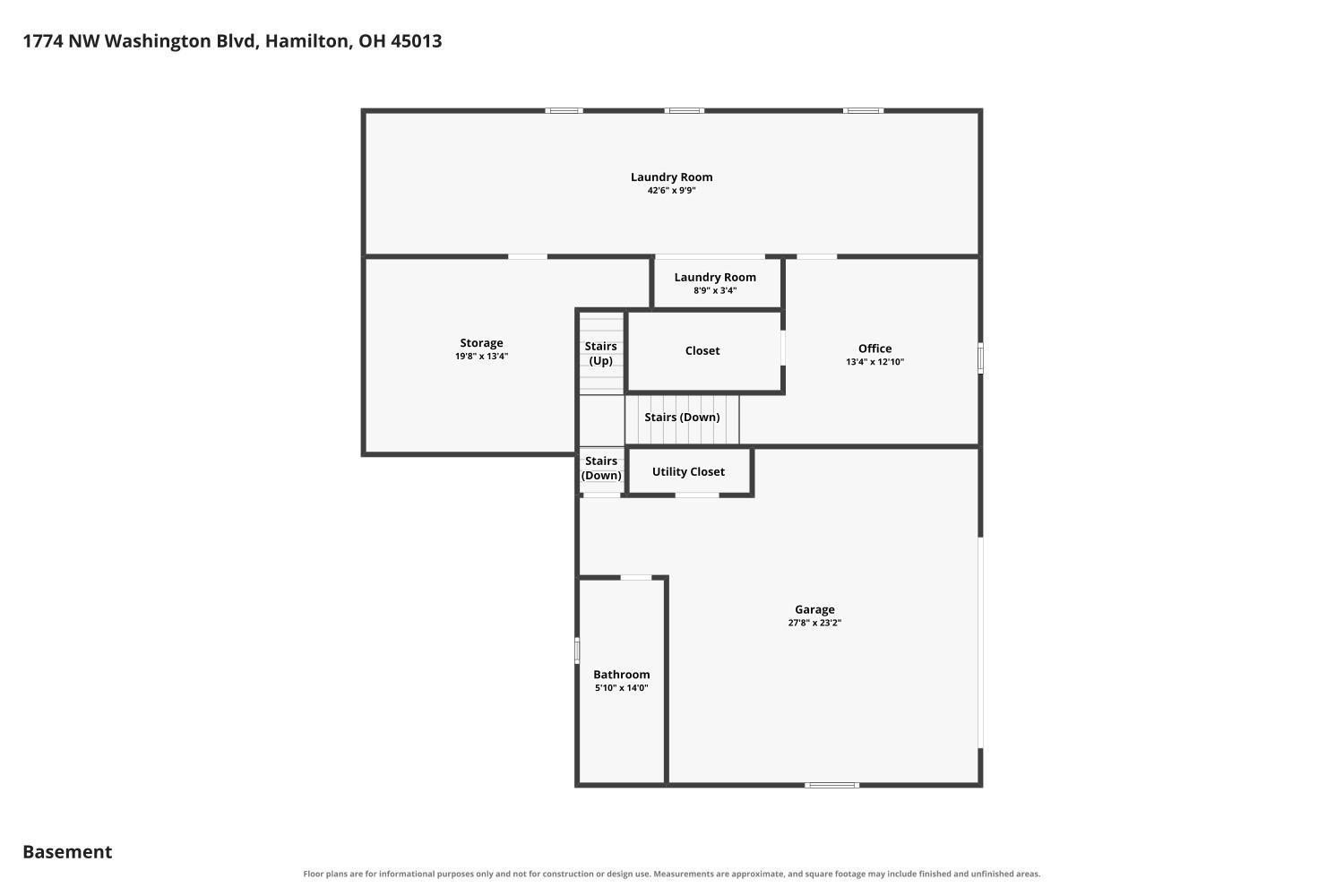Basement floor plan with garage, office, storage, laundry rooms, bathroom, and stairs.