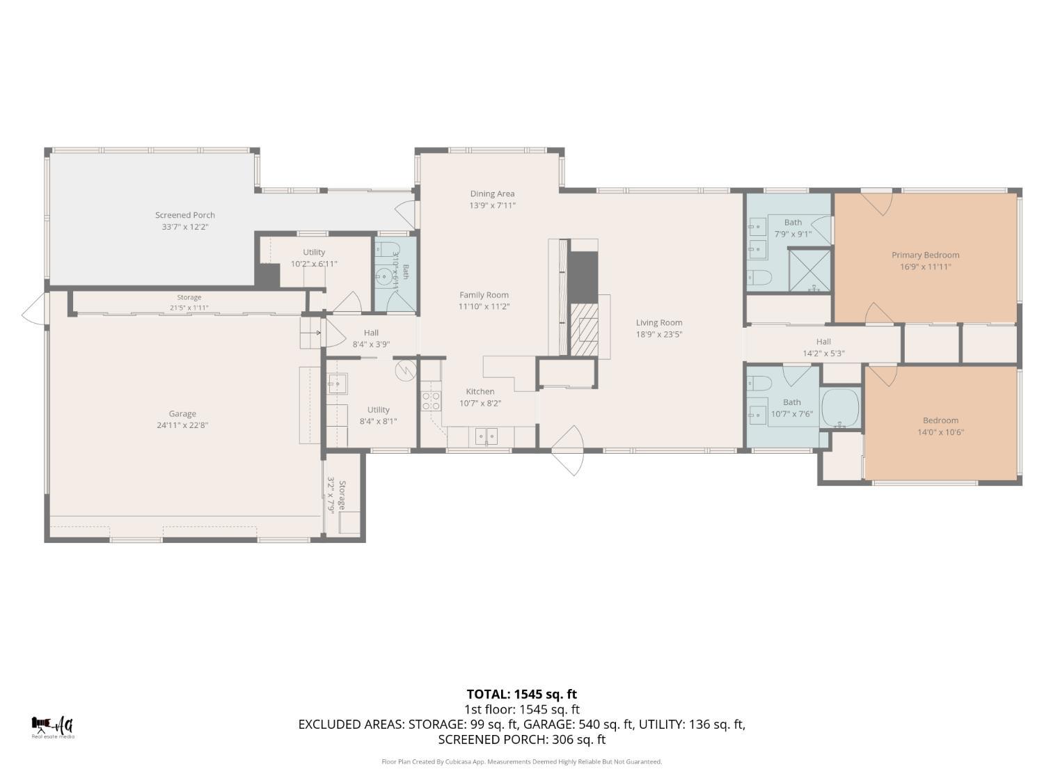 Floor plan showing the home's rooms, screened porch, and attached garage, with labeled dimensions.