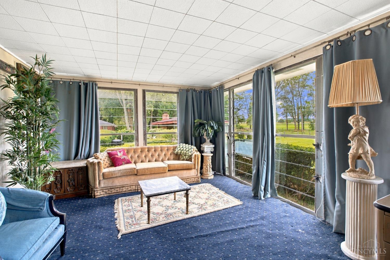 Furnished sunroom with a tufted tan sofa, blue carpet, and expansive windows overlooking a green lawn.