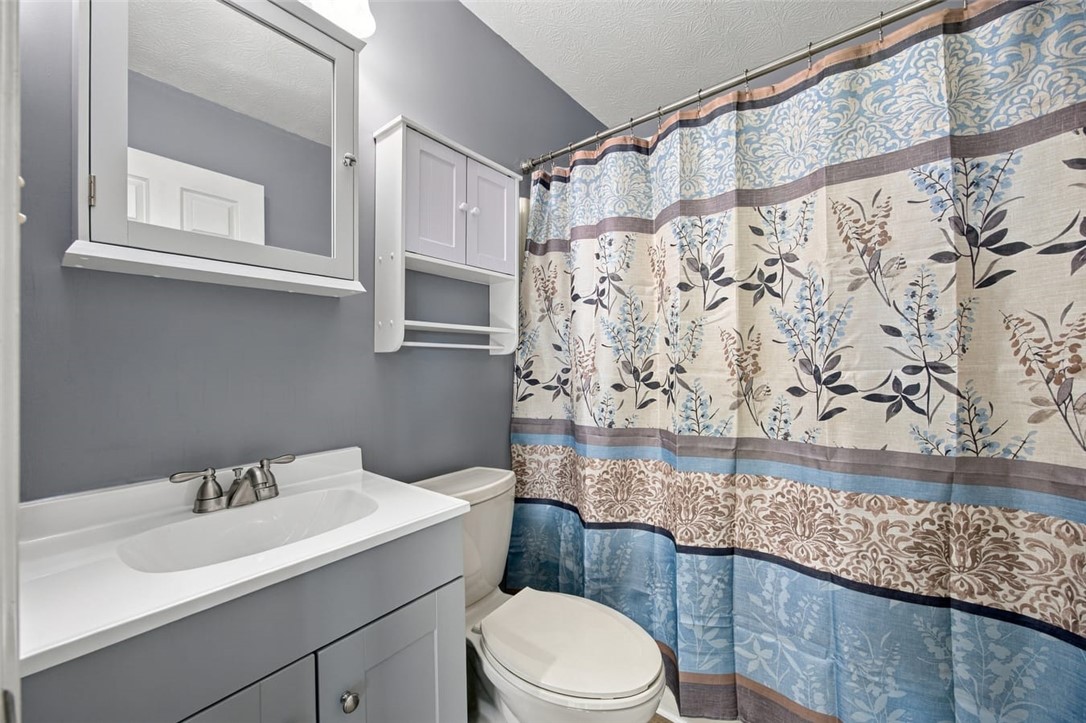 Bathroom with a white vanity and toilet beside a blue-and-beige floral shower curtain.