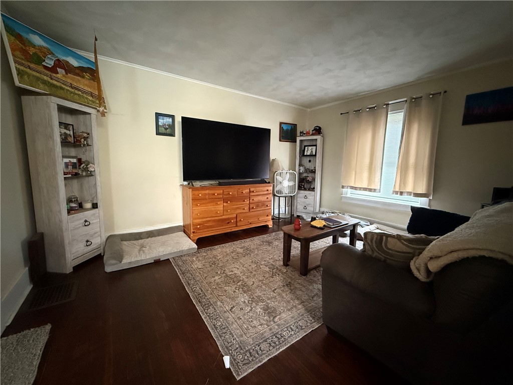 Living room with a large television, wooden dresser, patterned rug, and curtained window.