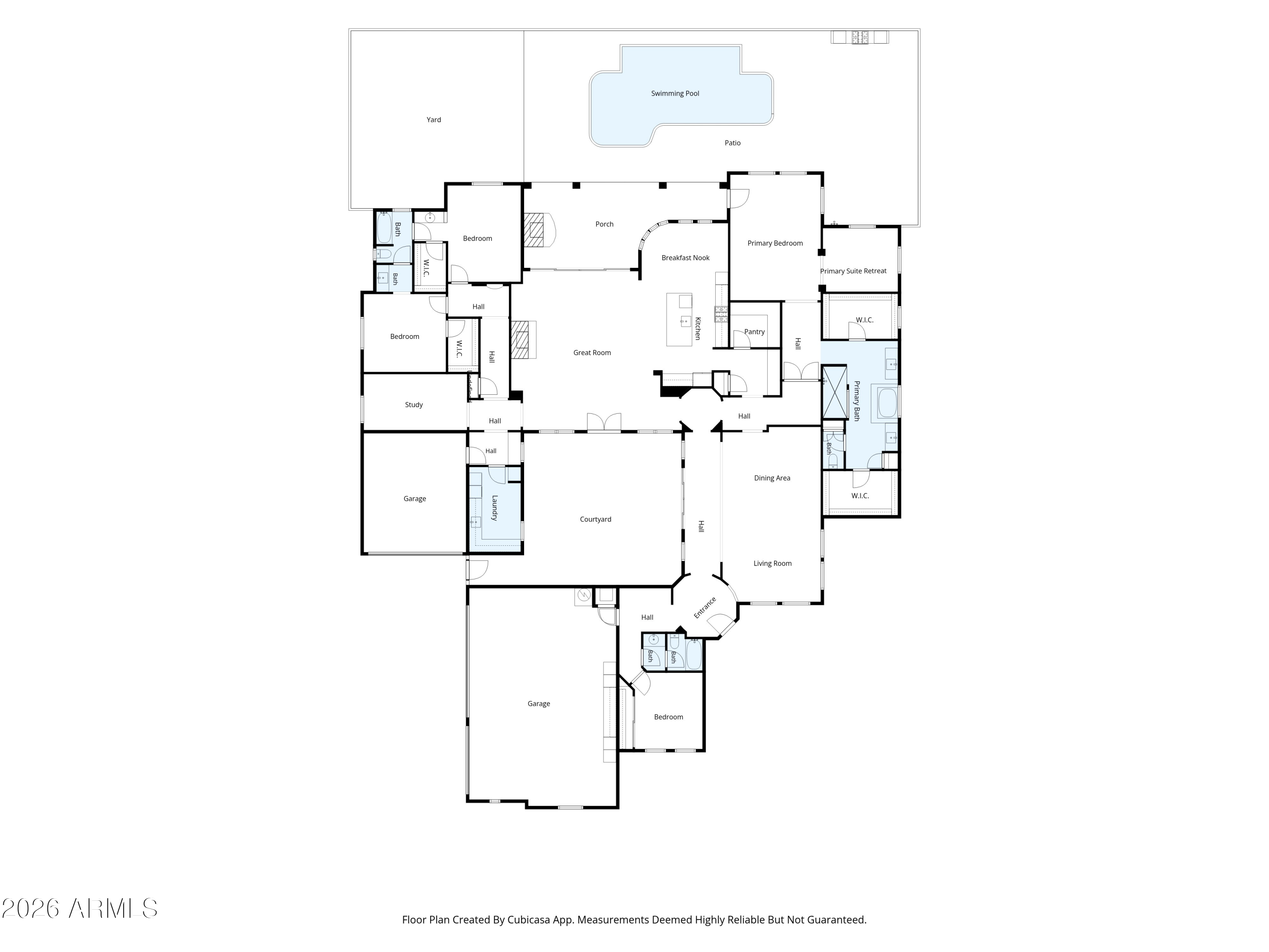 Floor plan showing bedrooms, living spaces, two garages, courtyards, swimming pool, and patio.
