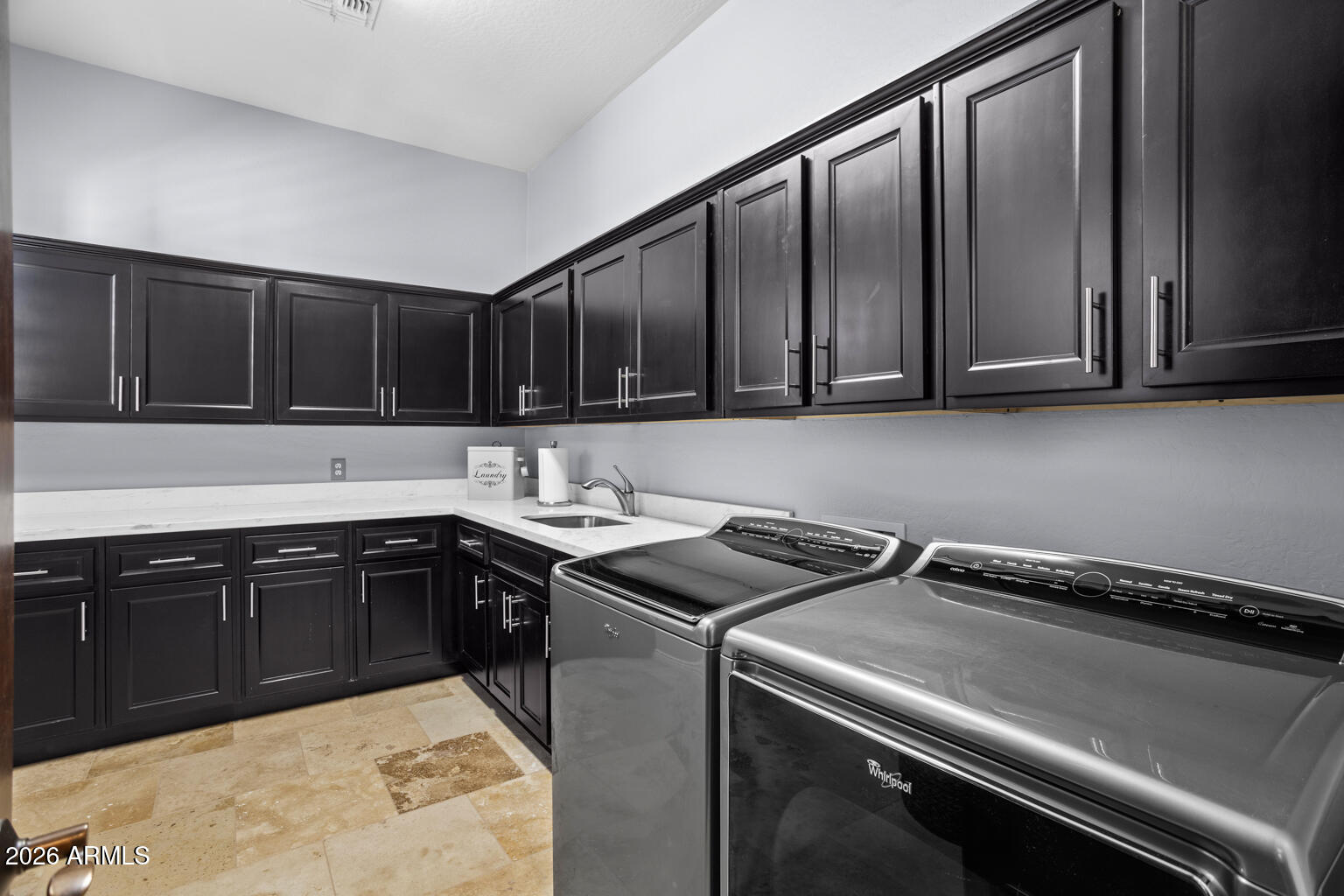 Laundry room with dark cabinetry, a sink, and two stainless-steel appliances.