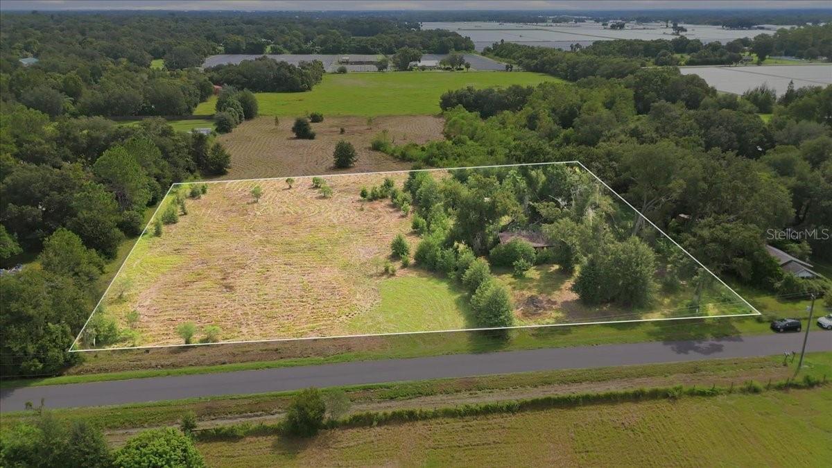 Aerial view of a partially cleared parcel outlined in white, with scattered trees and a small structure.