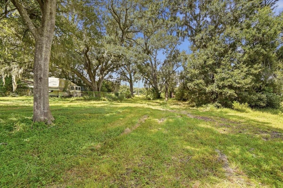 Grassy property with a broad clearing beneath mature oak trees and a recreational vehicle at the left.