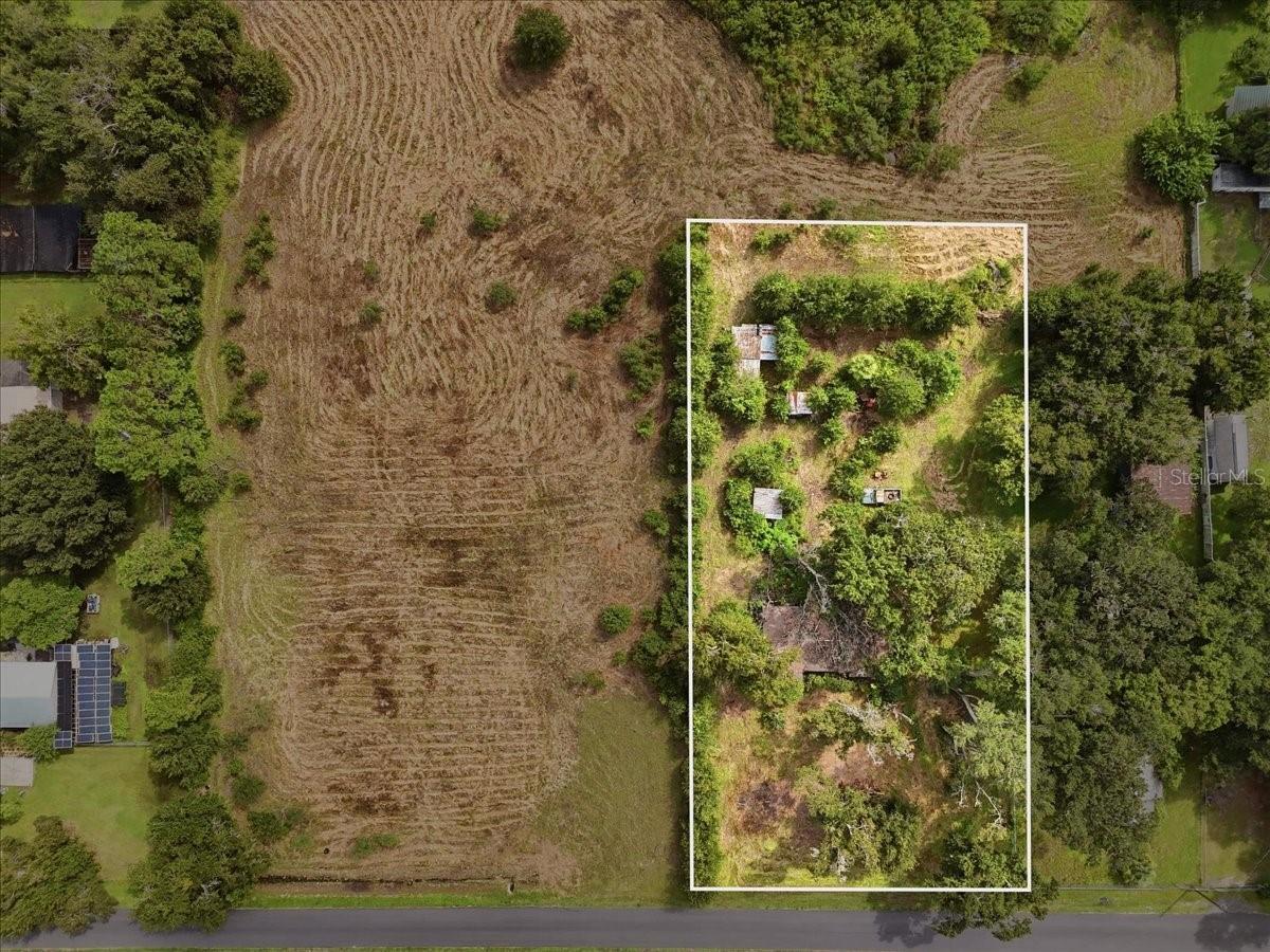 Aerial view of a tree-covered parcel outlined in white beside a large cleared field.