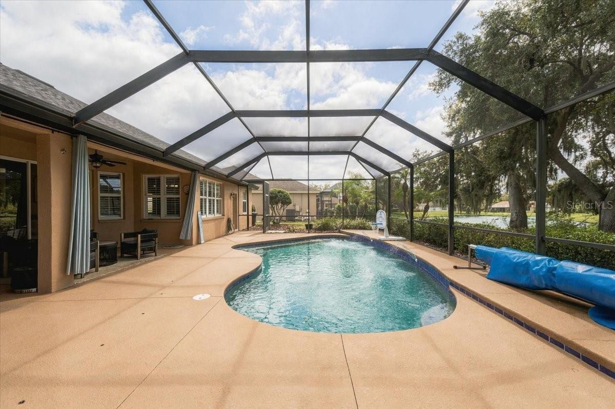 Backyard pool and patio under a screened enclosure, with trees and a pond beyond.