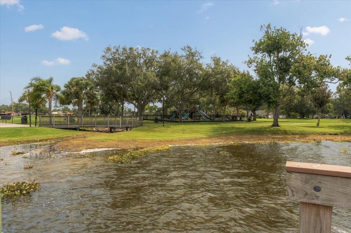 Pond-side park with a wooden footbridge, mature trees, and a playground.