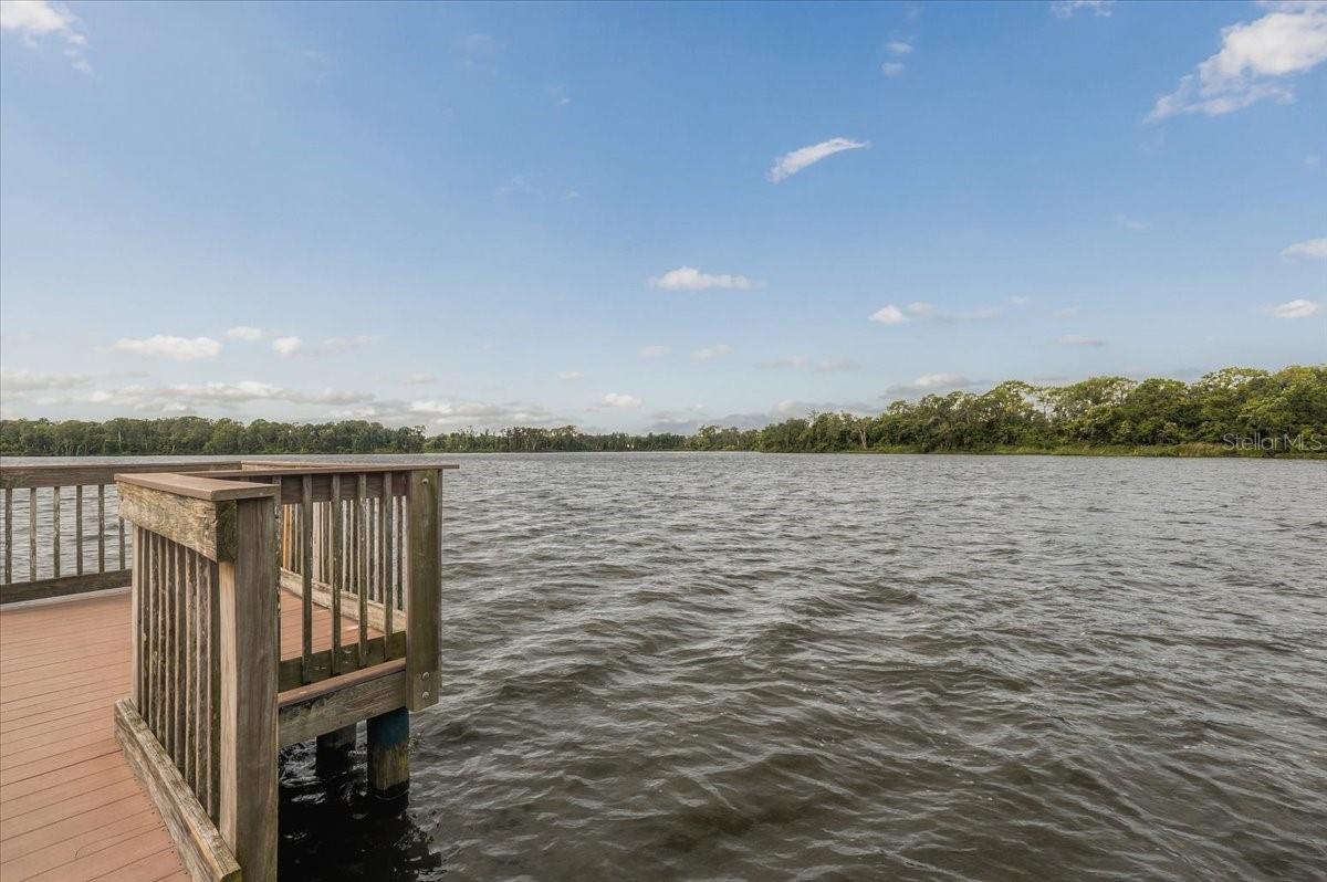 Wooden dock beside a broad lake with a tree-lined shoreline.