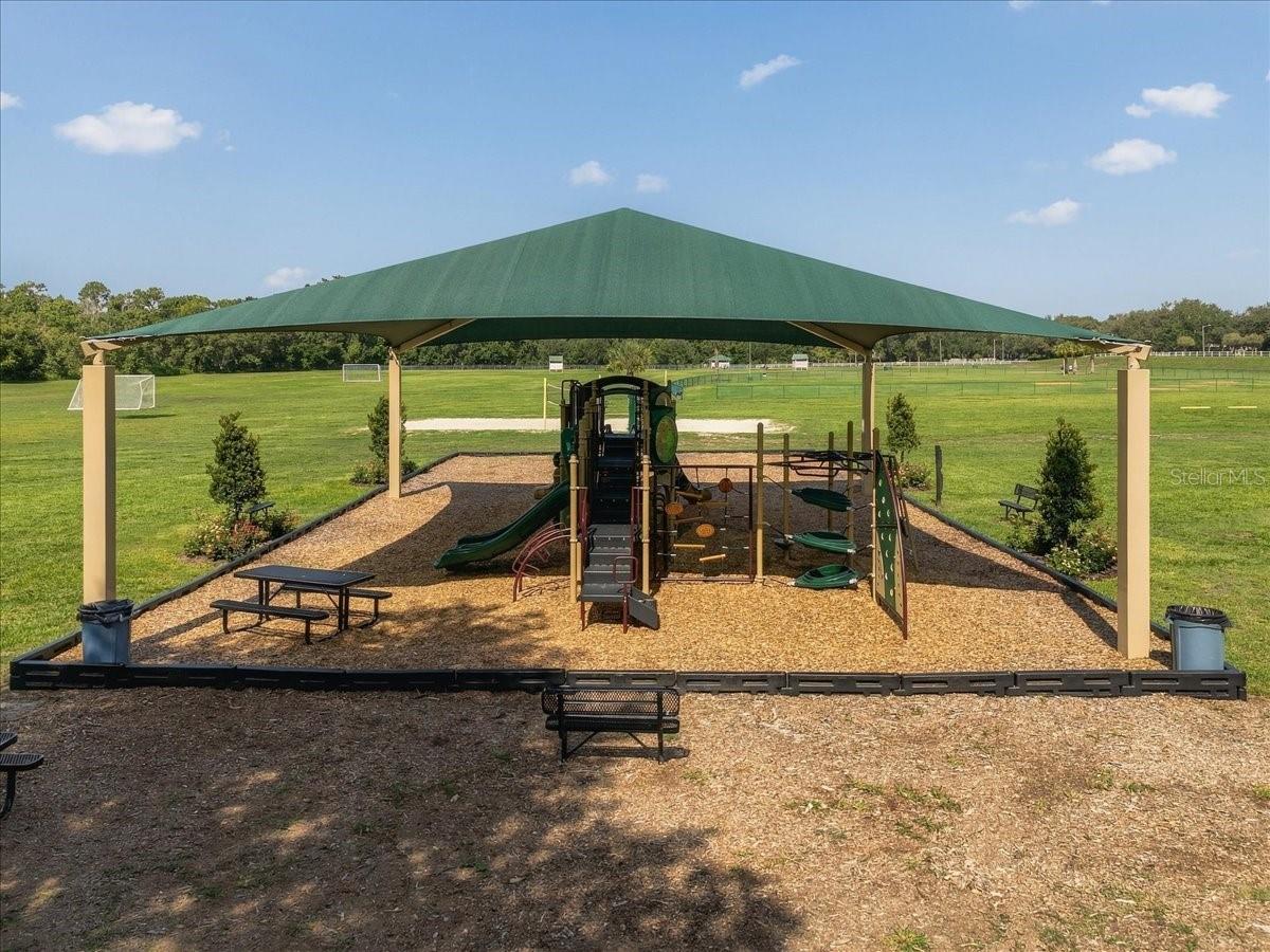 Covered playground with a climbing structure and slides beside a wide grassy field.