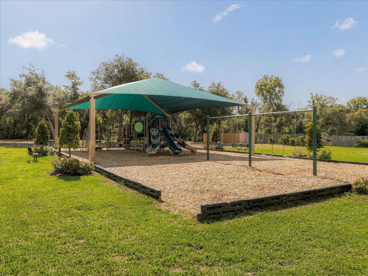 Outdoor playground with a green shade canopy, slides, and swings on a wood-chip surface.