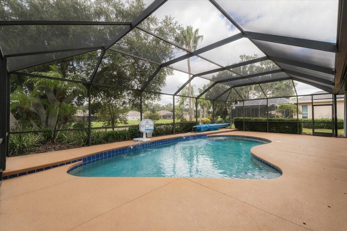 Curved swimming pool beneath a screened enclosure with a spacious tan deck.