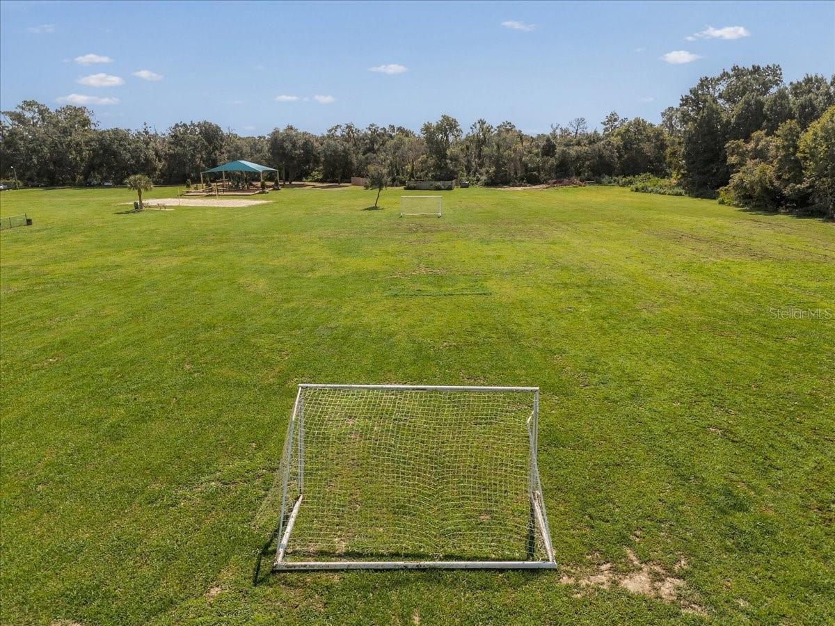 Expansive grassy lawn with a soccer goal in front and a covered pavilion in the distance.